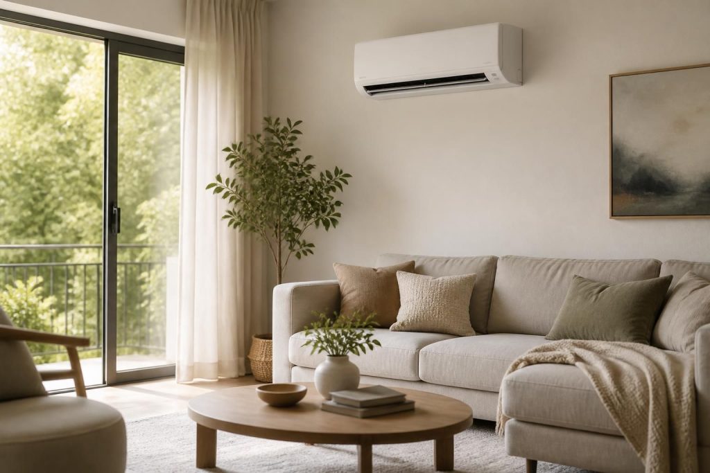 Modern living room with a newly installed split system air conditioner.