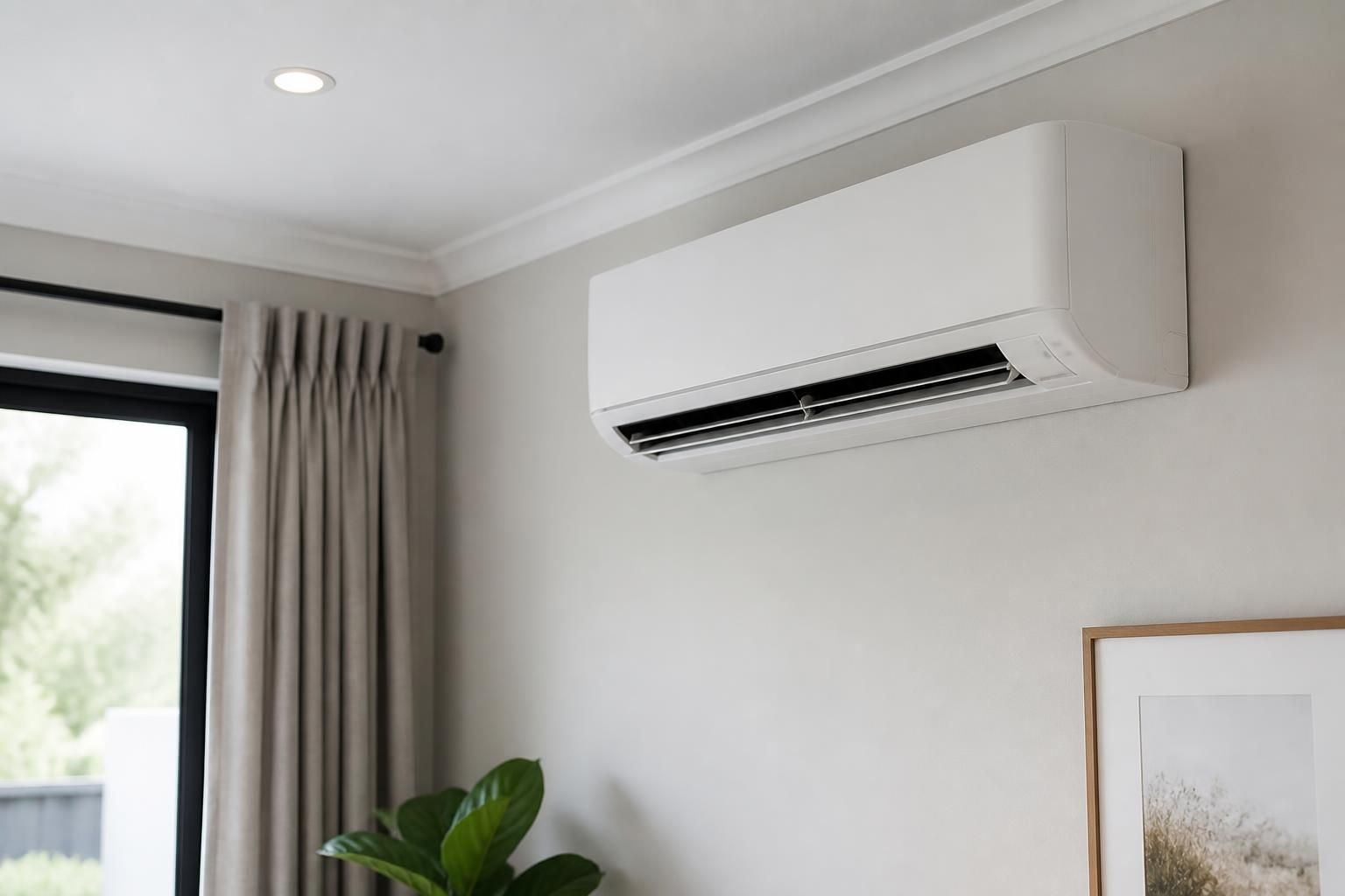 Newly installed split system air conditioner in a finished room.