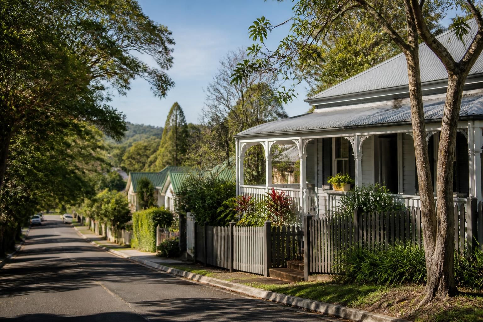 Charming village streetscape in Bangalow, NSW.