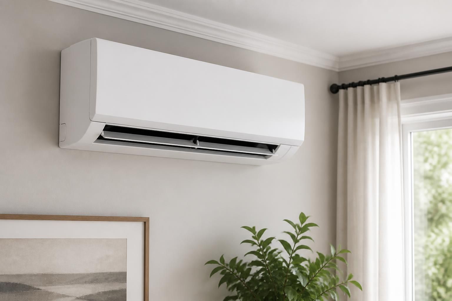 Split system air conditioner mounted in a finished room.